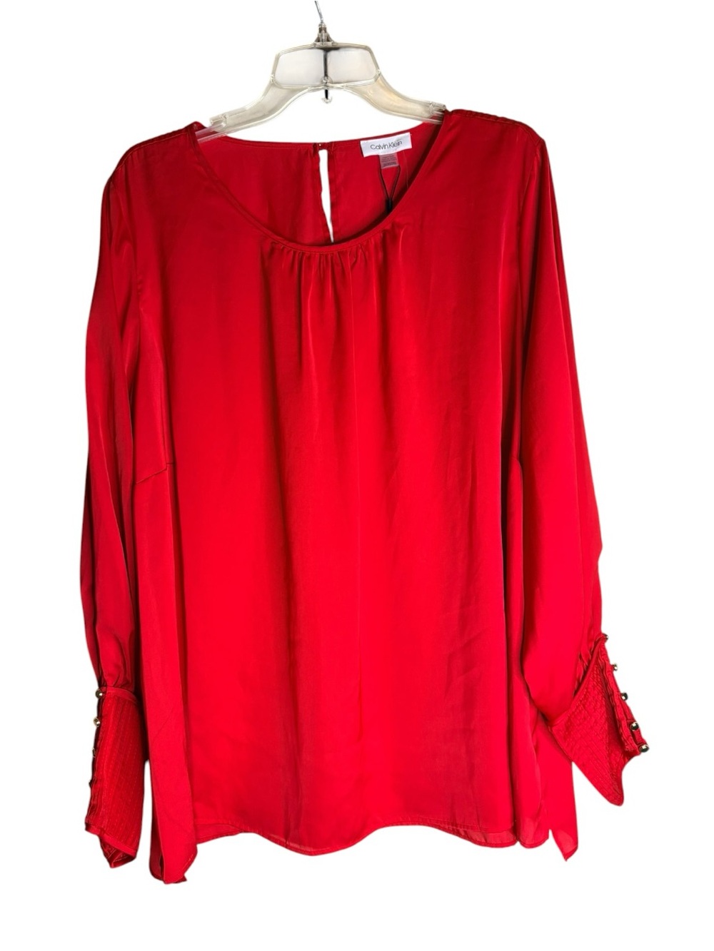 Blouse 2X Red Satin Long Sleeve Calvin Klein